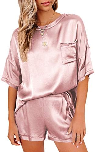 LYANER Women's Satin Silky Pajamas Set Short Sleeve T-shirt With Shorts Set Pjs Loungewear Rosy Pink Small
