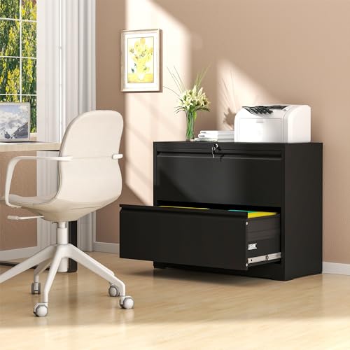 AQY 2 Drawer File Cabinet with Lock,Metal Lateral File Cabinets for Home Office,Steel Wide Filing Organization Storage Cabinets for Hanging Files Letter/Legal/F4/A4 Size Assembly Required(Black) - Thumbnail 2