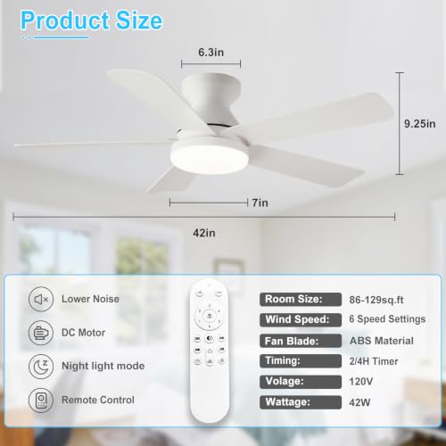 Image of Depuley Ceiling Fan with RGB Light: 42-Inch White Small Fans for Bedroom Indoor Outdoor - Dimmable Low Profile Ceiling Fans with Remote Control Flush Mount 5 Reversible White Blades 6 Speeds Timer