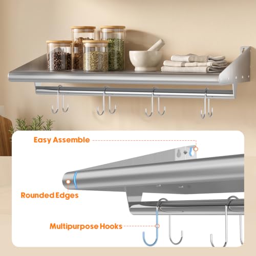 Image of Skyflame 2 Pack Stainless Steel Wall Shelf with 4 Hooks, 12 inch x 24 inch