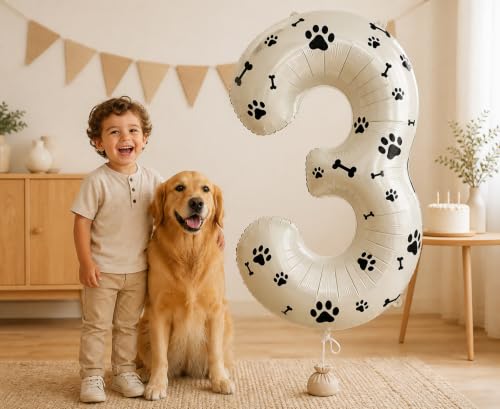 Image of 40 Inch Cream Beige Number 3 Foil Balloon DIY with Dog Paw Bone Stickers