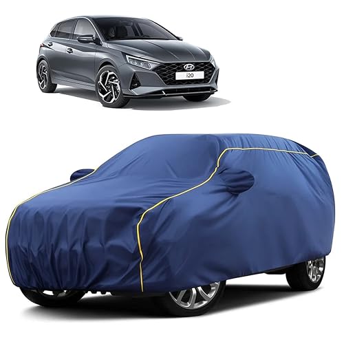 Image of Sulfar 100% Water Resistant Car Body Cover Compatible with Mirror for Hyundai i20 (Triple Stitched, Full Bottom Elastic, Blue Taffeta with Yellow Piping)
