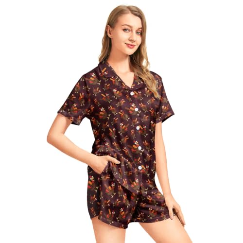 Image of Funny Satin Pajamas Set for Women Button Down Sleepwear Print Pjs Set 2 Piece Short Sleeve Loungewear Gift for Women