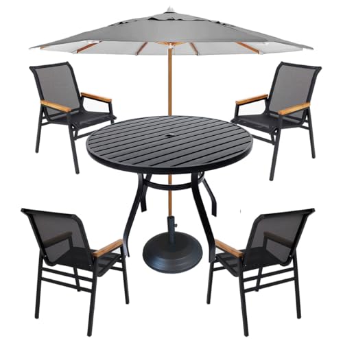 6-Person Outdoor Dining Set With Umbrella: Stylish Comfort for Patios 8 Jogo de Jardim Mesa Redonda 90cm Aluminio 4 Cadeiras Pisicna com Braço Madeira e Ombrelone (Cinza)