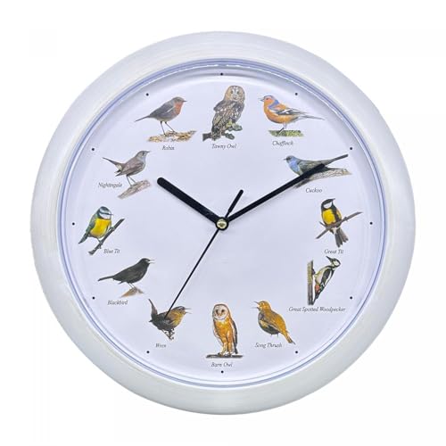Herzberg, HG03725-WHT, Canto degli Uccelli Bianco, Orologio cantante, Melodie rilassanti, sinfonia aviaria Varia, educativo per Bambini, Installazione Semplice