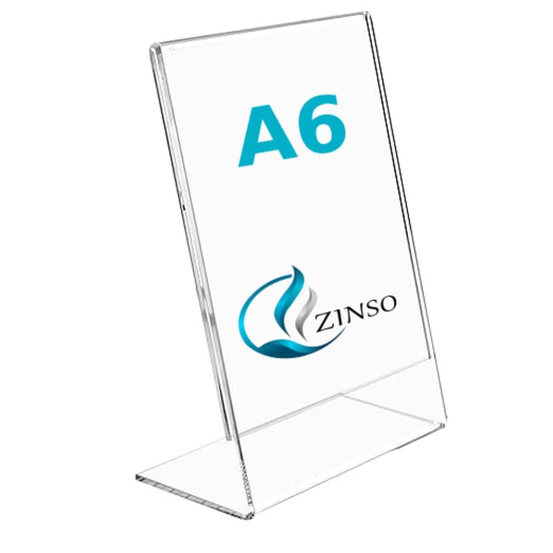 Image of ZINSO A6 L-Shaped Acrylic Sign Holder Portrait Style Menu Ad Frame Display Stand Table Top Perfect for Restaurants, Promotions, Photo Frames, Classroom (5PC)