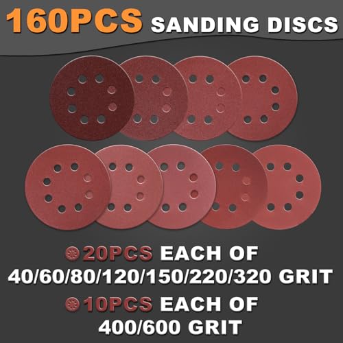 160Pcs 5-Inch 8-Hole Hook & Loop Sanding Discs Assortment: 40 60 80 120 150 220 320 400 600 Grit for Woodworking/Metalworking, Sandpaper for Random Orbital Sander
