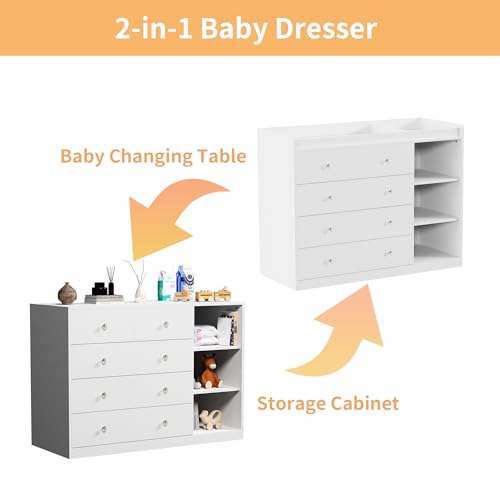 Image of 47.2 inch White Nursery Dresser with 5 Drawers and 3 Open Shelves Changing Table Dresser with Changing Table Top Diaper Changing Station with Storage for Nursery Children's Room
