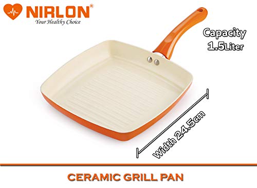 Image of NIRLON 4 Layer Ceramic Non-Stick Induction Cookware 8 Pieces Combo Set (Dosa Tawa, 2 Deep Kadhai 2 Liter & 3 Liter, Grill Pan, Deep Casserole 3.6 Liter) Orange Colour