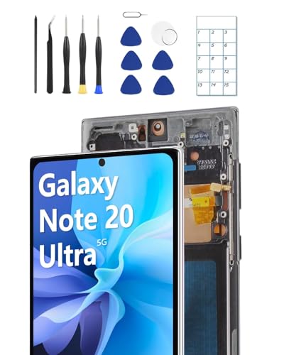 JQYDZH OLED Screen Replacement for Samsung Note 20 Ultra 5G with Frame & Fingerprint Sensor – Includes Full Tool Kit & Installation Guide (Silver)