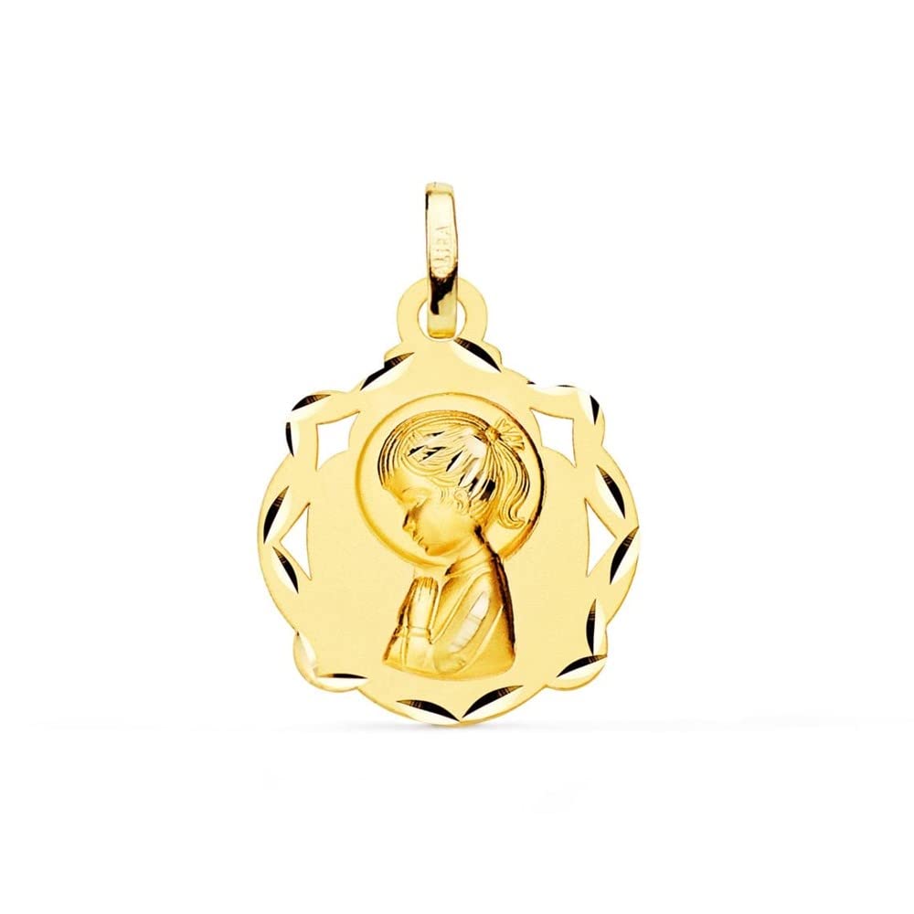 Virgen Niña medalla oro 18k Primera Comunión colgante 14mm. detalles tallados bisel calados