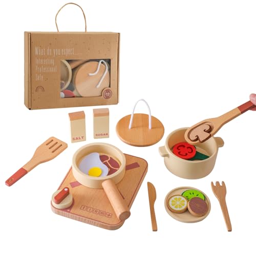 Set Cucina Giocattolo In Legno Per Bambini 3-6 Anni Con Pentole, Padelle E Cibo Tagliabile Con Suono