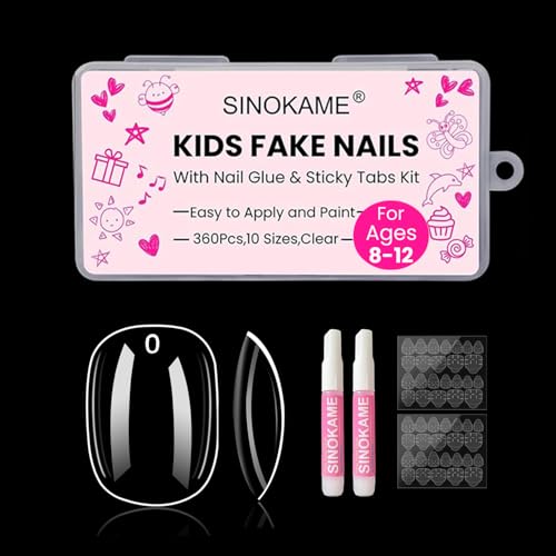 Kids fake nails,SINOKAME Short Oval Clear Nail Tips Glue on Nails With Glue &Sticky Tabs for 8-12 Years,Kids Press On Nails for Little Girls Full Cover Fake Nails Decoration,10 Sizes 360Pcs