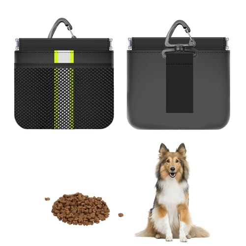 MSLSOZ Kleine Leckerli-Tasche für Hunde, schwarze Tasche im Taschenformat, wasserdicht, mit Karabiner, automatischer Verschluss, geeignet für Hunde zum Spazierengehen, Reisen, Trainieren oder für den