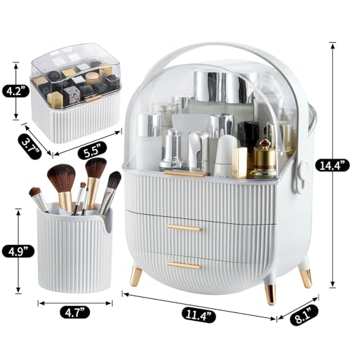 Image of CANITORON Makeup Organizer,Skincare Organizer with 2 Drawers and Brush Storage Box,Lipstick Holder,Cosmetic Display Case for Vanity Organizer and Bathroom Countertop Storage.(White)