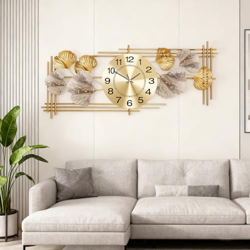 Horloge Murale, Grande Horloge Murale, Conception de Feuille de Ginkgo Métallique Rétro, Peut Être Accroché Verticalement ou Horizontalement, pour Salon,...
