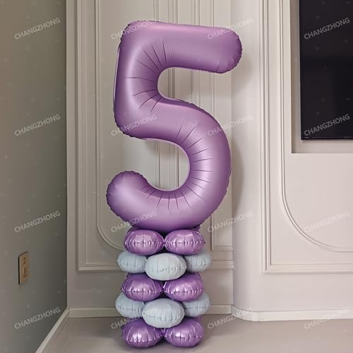 Image of 5pcs 18 In Number Balloon Base Decorated Purple White Birthday Decorations | Four-Wheeled Number Balloon Base Decorated In Lavender Purple And White, Birthday Party Decorations