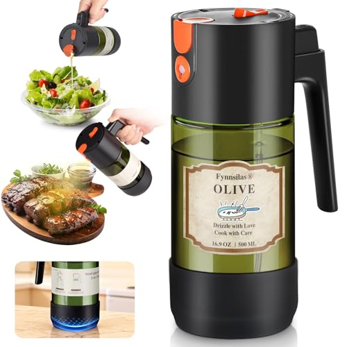 2-IN-1 Oil Sprayer for Cooking with 8 Stickers Light-Blocking Dark Glass Olive Oil Dispenser Bottle for Kitchen 500ml/16.9oz Oil Mister for Air Fryer, BBQ,Salad Even Spray with Portion Control