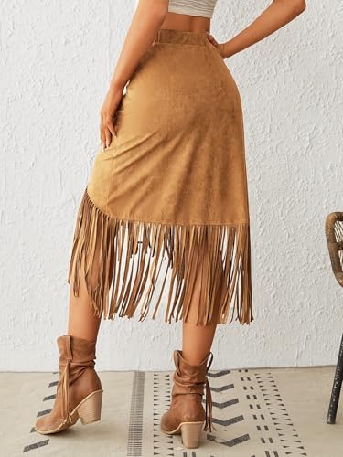 Long Skirts for Women Summer Micro Suede High Waist Tassels Vintage Western Skirts A Line Midi Skirts2
