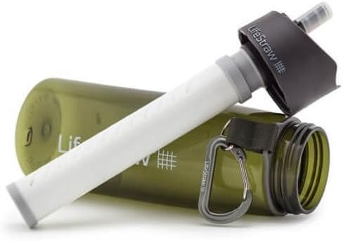 LifeStraw Go Water Filter Bottle, disassembled showing the bottle, filter, and cap with mouthpiece.