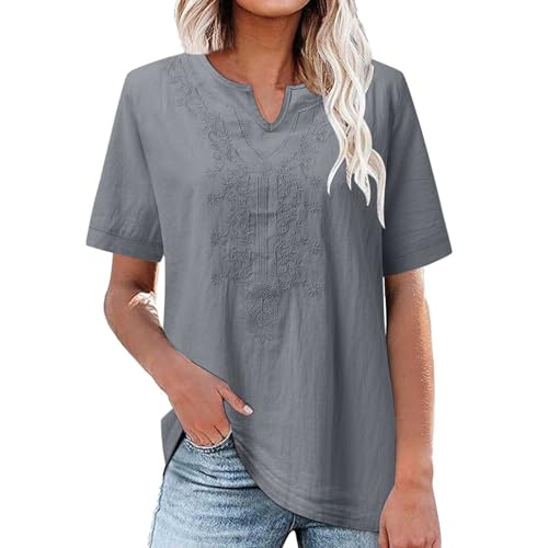 Women's Embroidered Blouse Cotton Linen Short Sleeve Peasant Boho Tunic Tops Casual Notch V Neck Loose Fit T-Shirts - Image 3