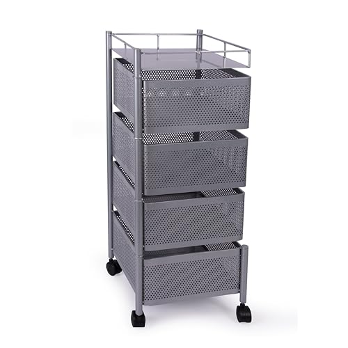 Image of KITCHIVO Kitchen Storage Rack | Revolving Vegetable Rack | Square Multipurpose Storage Trolley with Wheels | Metal Fruit Rack (Silver, 4 Layer)