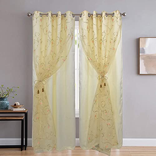 Image of 2 in 1 Embroidery Transparent Polyester Long Door Curtain with 80% Blackout Set of 2 Pieces(9 Feet, Ivory Embroidery + Ivory Blackout)