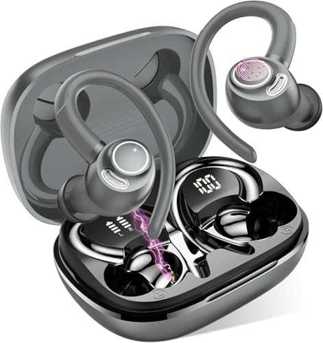 Image of Jesebang Wireless Earbuds, Bluetooth 5.4 Headphones, Wireless Earphones HiFi Stereo Sound with ENC Mic, Sport Headsets in Ear EarHooks for Running, 48H Dual LED Display, IP7, Grey