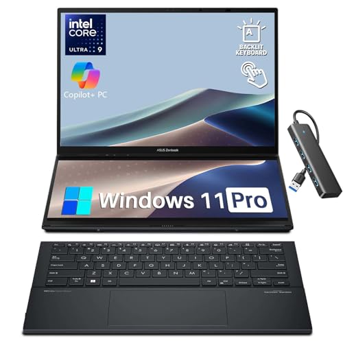 ASUS Zenbook Duo Laptop, Dual 14" OLED WUXGA 16:10 Touch Display, Intel 16-Core Ultra 9 285H, Intel Arc Graphics, 32GB LPDDR5X, 2TB PCIe SSD,WiFi 7,FHD IR Webcam,Detachable Backlit KB,Windows 11 Pro