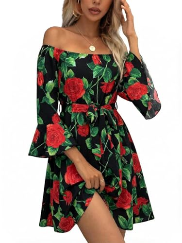 Image of Off Shoulder Ruffle Dress for Women, A-Line Mini Dress with Belt, Fitted Bust Summer Wedding Guest Dress