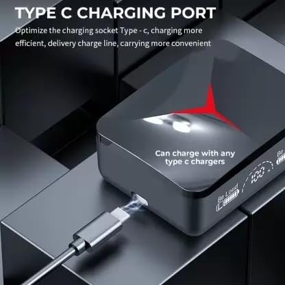 M90 Earbuds charging case connected to a Type-C charging cable.