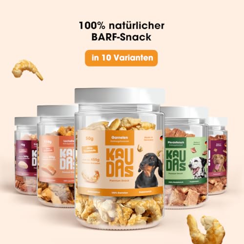 KAUDAS GarnelePur Natursnack – 3 x 50 g gefriergetrocknetes Garnelen Leckerli Hund mit hohem Proteingehalt, 100% natürlicher Hundesnack je 455g Rohgewicht – ohne Zucker, Getreide & Zusatzstoffe