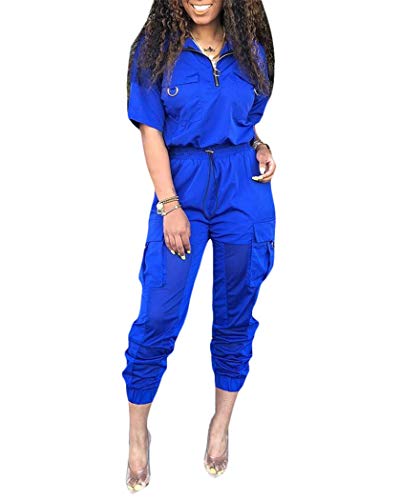 Women 2 Piece Outfits Tracksuit Jumpsuits Lightweight Windbreaker Pullover Jacket Crop Top Pants Set Blue