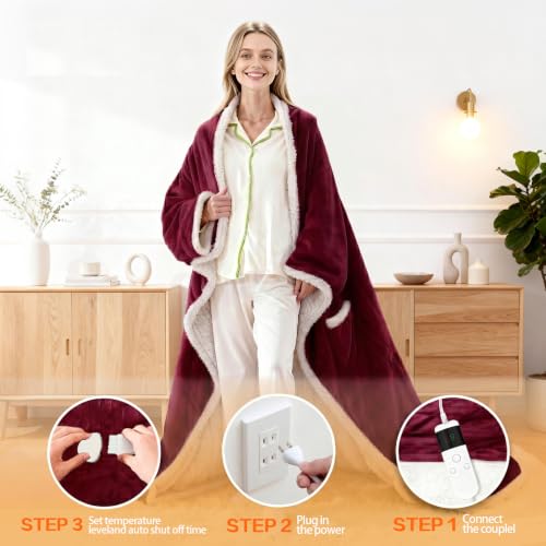 Image of Wearable Heated Blanket With Sleeves & Foot Pocket, Heated Throw Blankets Fast Heating Blanket With 10 Heat Settings Auto Shut Off Over-Heat Protection-Warm Gift, Machine Washable, 52 inch*72 inch+18 inch