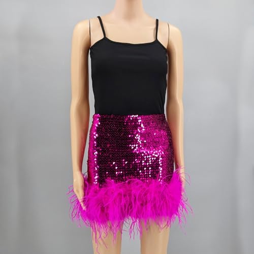 LVCOMEFF Women Glitter Sequin Skirt with Feather Trim Bodycon Mini Skirt Shiny for Holiday Parties Outfit3