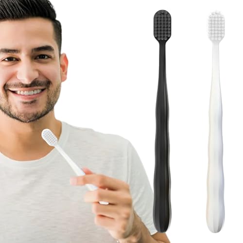 Confezione da 2 spazzolini manuali per la pulizia dei denti a testa larga, per la cura gengivale, per adulti, per la casa, portatile, per coppie, colore nero e bianco