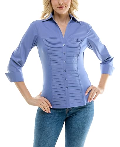 Zac & Rachel Women's 3/4 Sleeve Cuff Sleeve Button Down Top with Ribbed Knit Inserts for a Comfortable Fit, Faded Ticking, XL