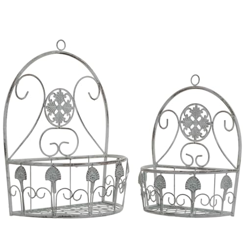 2er Set Wand-Pflanzkörbe Metall hellgrau im Vintage-Stil zum Aufhängen - Hängekörbe Wanddeko für Innen & Außen - Blumentopfhalter aus Metall - Shabby Chic Dekoration