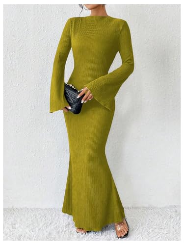 Image of GORGLITTER Women's Bell Long Sleeve Cocktail Maxi Dress Crew Neck Bodycon Fishtail Casual Long Dresses
