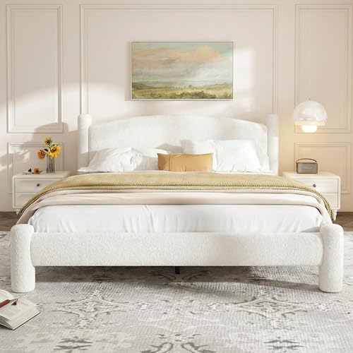 Garvee Boucle Queen Size Bed Frame, Upholstered Cloud Bed Platform with 4 Round Sturdy Legs, Noise Free & Wooden Slats Support, No Box Spring Needed, Easy Assembly Mattress Foundation - White by Garvee - Used condition - CA$173.70
