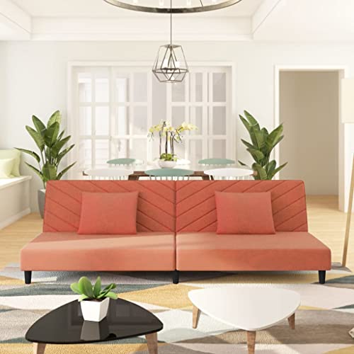 Sofá cama de 2 plazas de terciopelo rosa con 2 cojines para salón 2