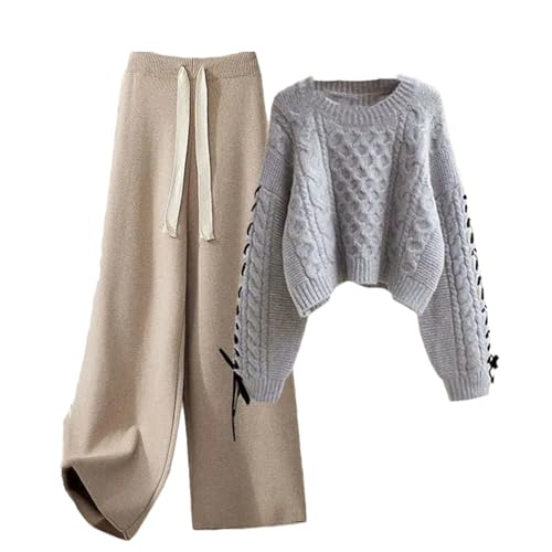 Women's Autumn Winter Loose Fashion Warm Pullover Knitted Sweater+ Elegant Wide Leg Pants Two-Piece Set