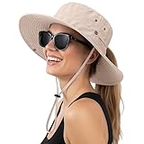 Xnova Sombrero de Sol UPF 50+ Mujer Apto para Coleta, Sombreros de Pescador ala Ancha Ajustable Plegable Gorras de Safari Senderismo Bucket Hat (B: Beige, Sombrero Circunferencia: 56-58 cm)