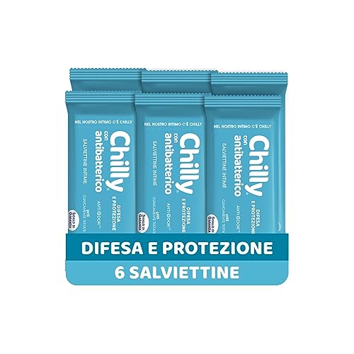 Chilly Salviettine con Antibatterico, Salviette per l'Igiene Intima, Azione di Difesa, Tessuto 100 % Biodegradabile, Ottimi Fuori Casa, PH 5, Clinicamente Testato, Confezione da 6 Pezzi