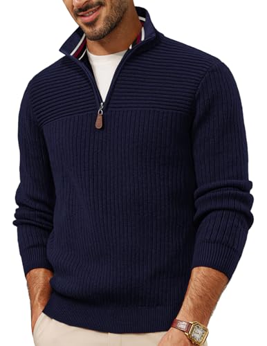 PJ PAUL JONES Mens Quarter Zip Sweater Long Sleeve Casual Pullover Knitted Textured Dress Sweaters, Navy Blue, Large