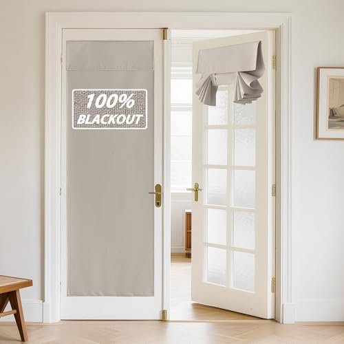 RYB HOME 100% Blackout Linen Door Window Curtains for French Door, Tricia Room Darkening Adhesive Privacy Assured Thermal Insulated Blinds for Kitchen Glass Window, W 26 x L 69, 1 Panel, Sand