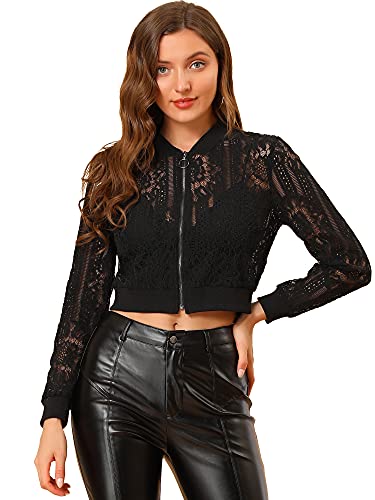 Allegra K Women's Crop Jacket Stand Collar Zip Up Sexy Sheer Gothic Lace Lightweight Baseball Jacket