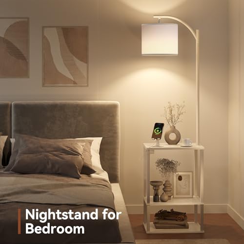 Image of SUNMORY Floor Lamp with Table, End Table for Living Room with Lamp, Shelves Side Table with Charging Station(USB & AC Port), 3 Color Temperature LED Bulb, Modern Nightstand Lamp for Bedroom, Office