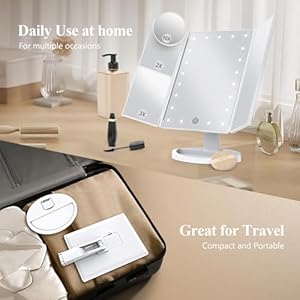 HUONUL Makeup Mirror Vanity Mirror with Lights, 2X, 3X, 10X Magnification, Touch Control, Trifold, White, 9.4"L x 13.4"W, Modern Style, Dresser Mount, Bathroom HUONUL Makeup Mirror Vanity Mirror with Lights 2X 3X 10X Magnification Touch Control Trifold White 94L x 134W Modern Style Dresser Mount Bathroom