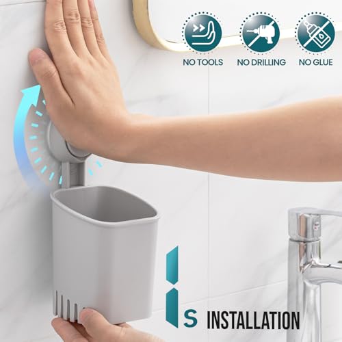 Image of TAILI Suction Cup Toothbrush Holders for Bathroom Wall Mounted, Gray | Shower Toothbrush and Toothpaste Holder, Drill-Free 1S Installtion, Removable Powerful Suction Cup Organizer, Self-draining